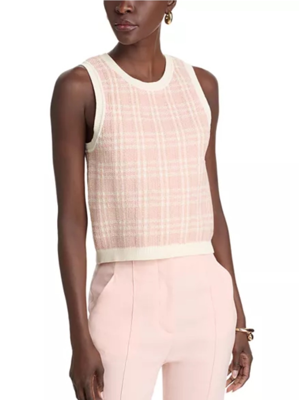 NWT Veronica Beard Women's Cropped Jerrel Knit Tank Off White/Pink Clay Jacquard